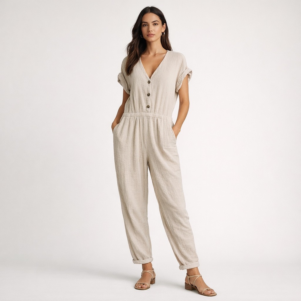 Joe Fresh Beige Tan Short Sleeve Jumpsuit Pockets Size XL Summer Size resort - Picture 1 of 8